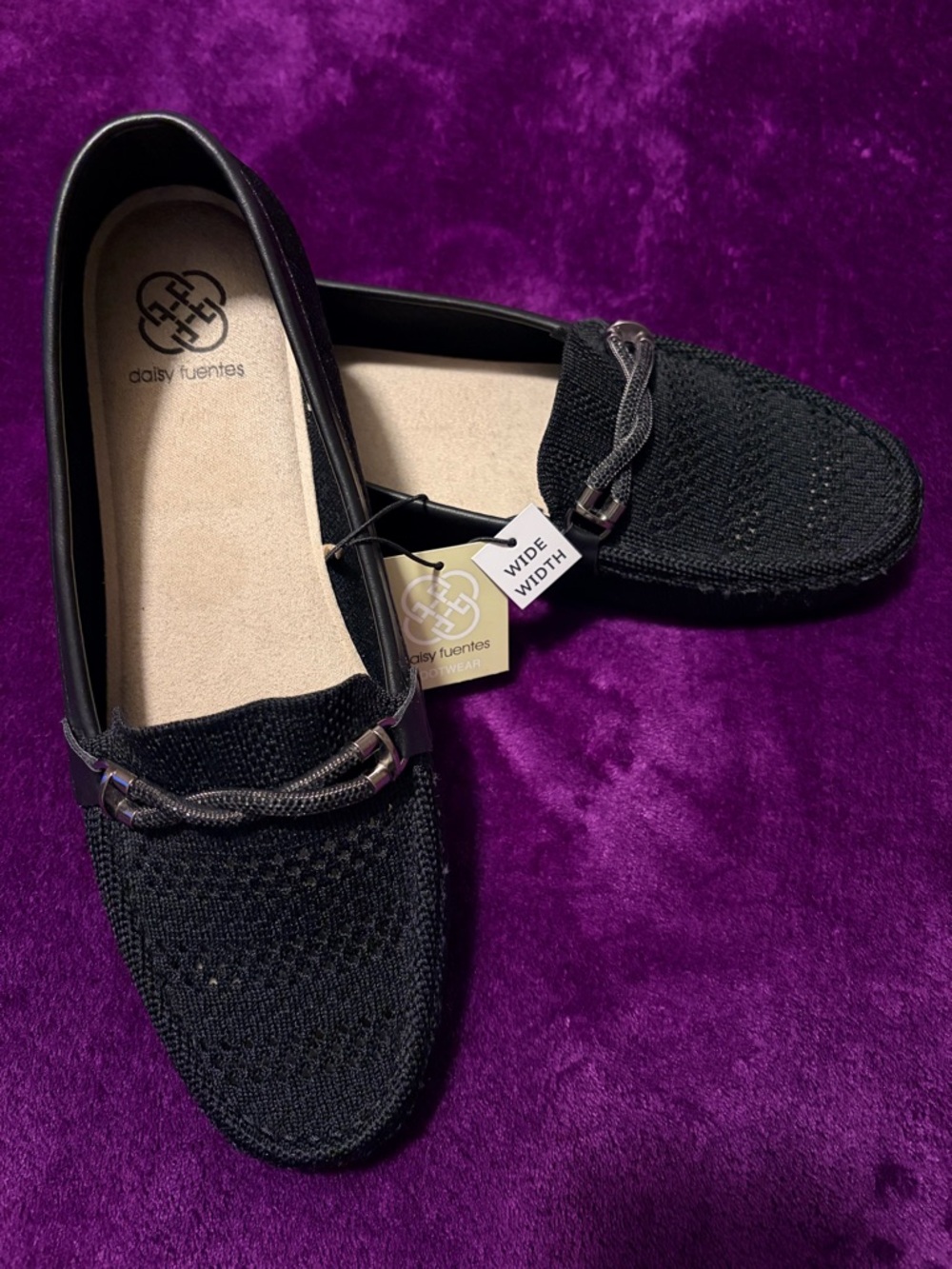 Daisy Fuentes Black Knit Slip-On Loafers with Metallic Accent